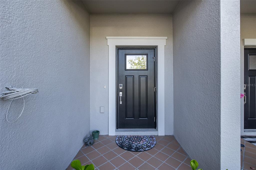 A black front door with a glass panel is set within a recessed entryway — 3072 HOVER HALL LANE, NEW PORT RICHEY, FL