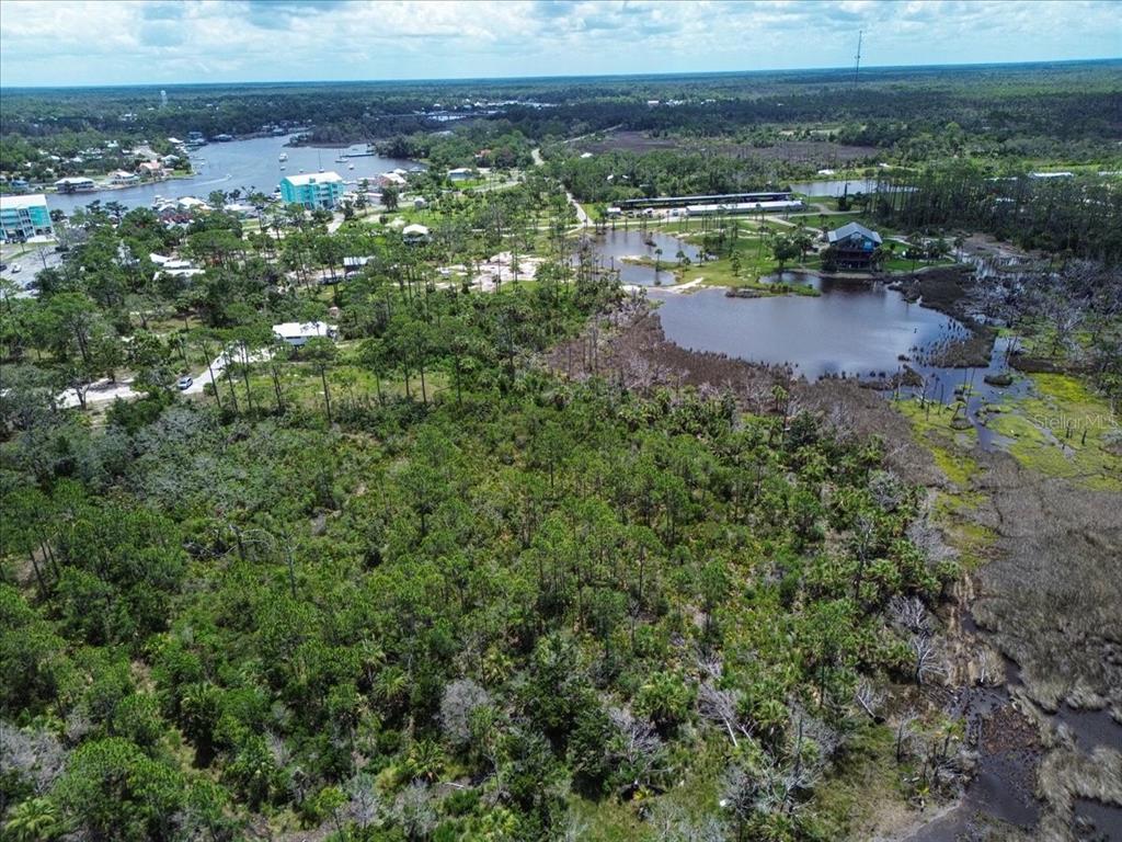 An aerial view shows a wooded plot of land outlined in red near a pond — TBD SW 276 AVENUE, STEINHATCHEE, FL