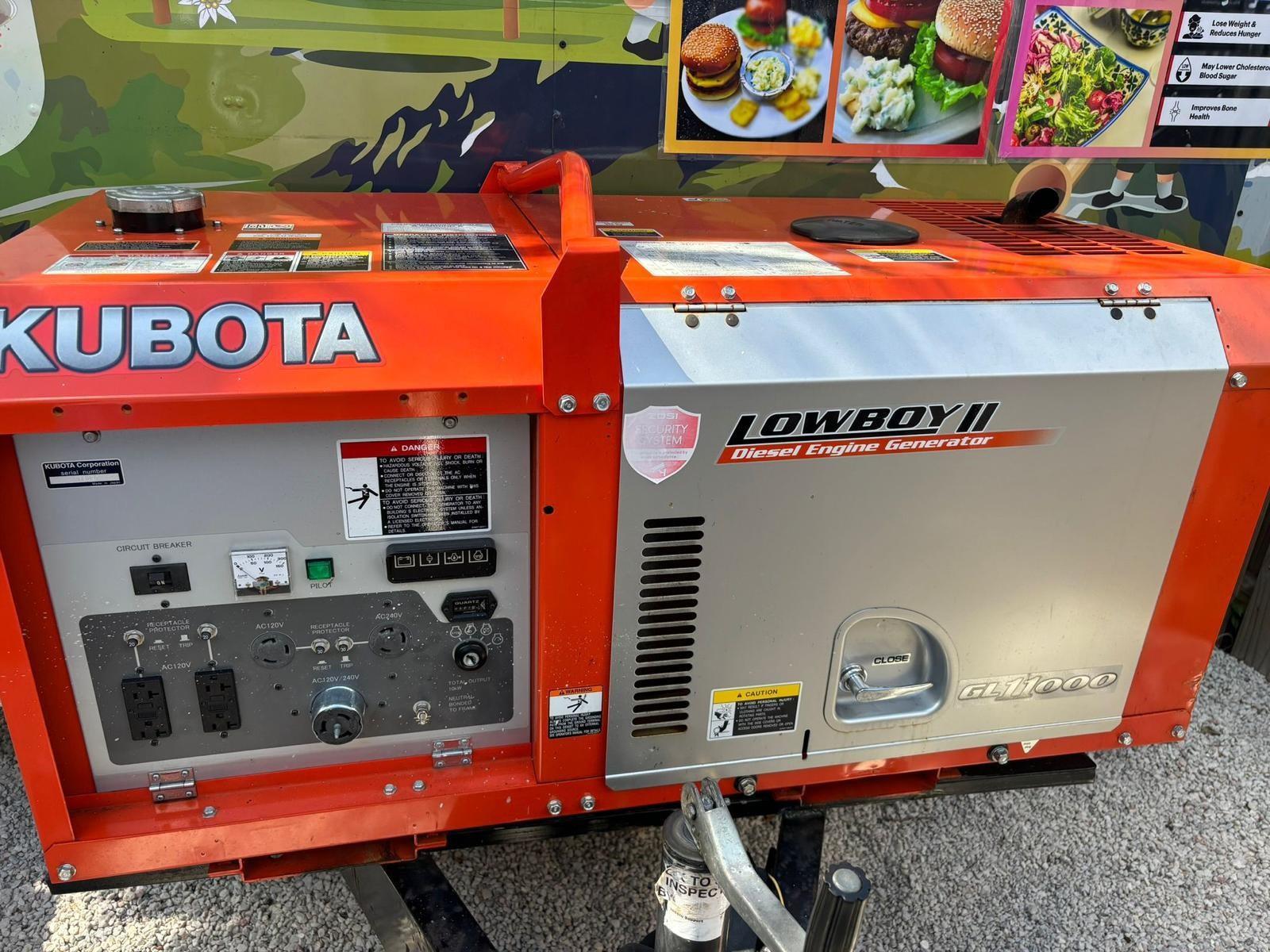 A Kubota Lowboy II diesel engine generator sits outdoors in front of a food display — Hollywood Avenue, Hollywood FL 33020, HOLLYWOOD, FL