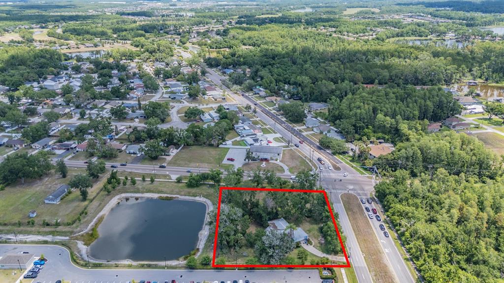 An aerial view shows a wooded residential lot outlined in red next to a pond — 18950 SUNLAKE BOULEVARD, LUTZ, FL