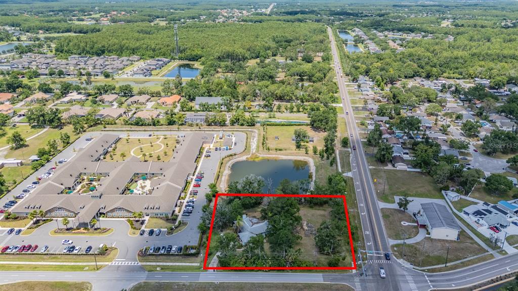 An aerial view shows a house on a wooded lot outlined in red — 18950 SUNLAKE BOULEVARD, LUTZ, FL