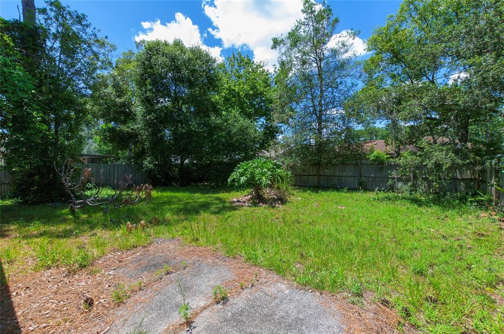 A grassy backyard features a concrete patio, a large central shrub, and a wooden fence — 3250 CLEWISTON STREET, DELTONA, FL