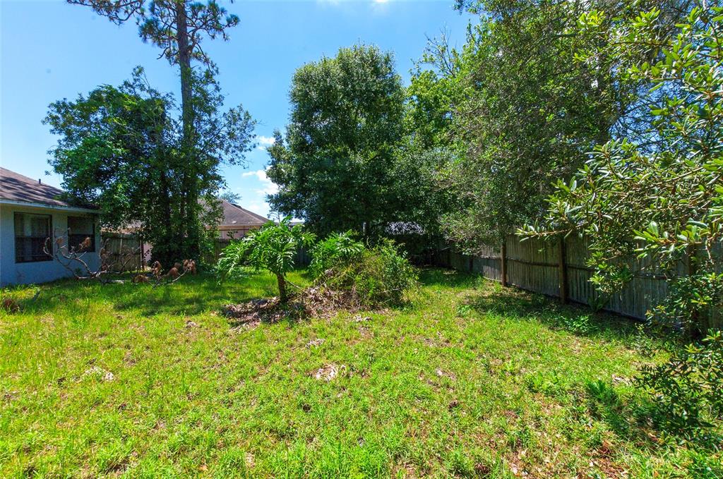 A grassy backyard features a wooden fence, several mature trees, and a house exterior — 3250 CLEWISTON STREET, DELTONA, FL