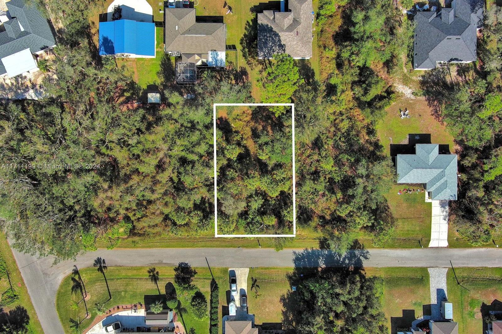This aerial view shows a rectangular vacant lot surrounded by trees and residential houses — #1 & #2 Sargon Ave, North Port FL 34287, NORTH PORT, FL