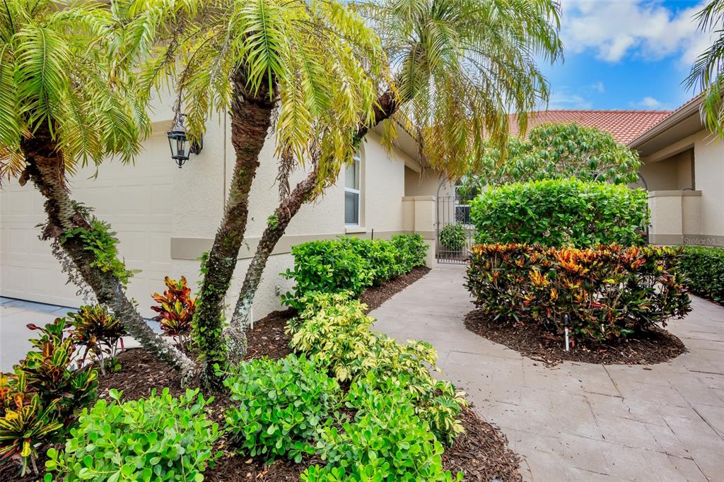 A paved walkway leads to a home entrance surrounded by palm trees and landscaped shrubs — 3386 CHELMSFORD COURT UNIT 7, SARASOTA, FL