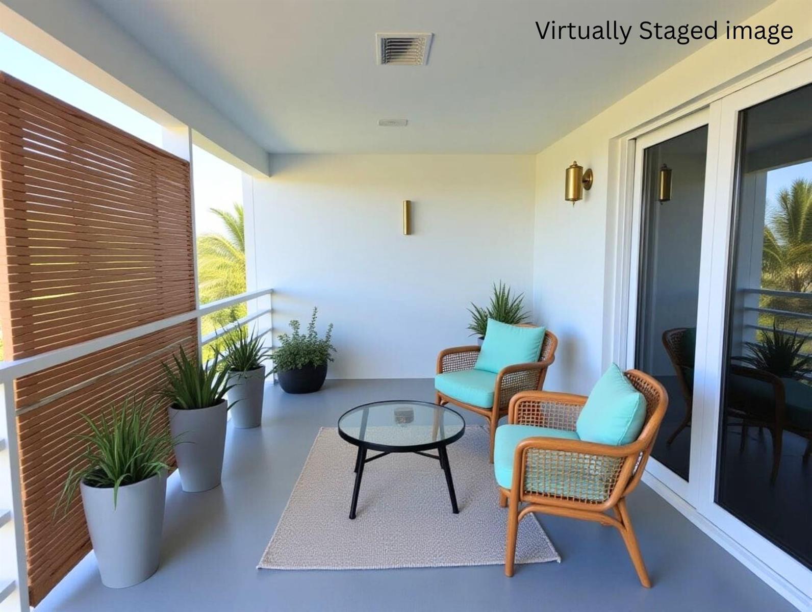 A virtually staged balcony features two rattan chairs, a glass table, and several potted plants — 72 Ashby B, Deerfield Beach FL 33442, DEERFIELD BEACH, FL