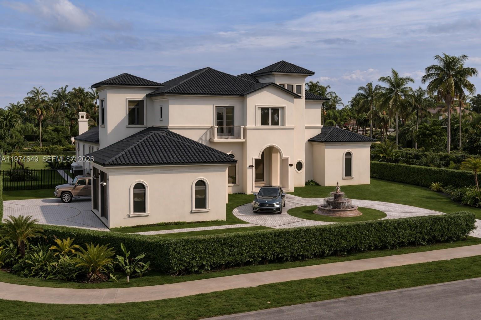 This is a rendering of a two-story Mediterranean-style home with a circular driveway and fountain — 751 Ranch Rd, Weston FL 33326, WESTON, FL