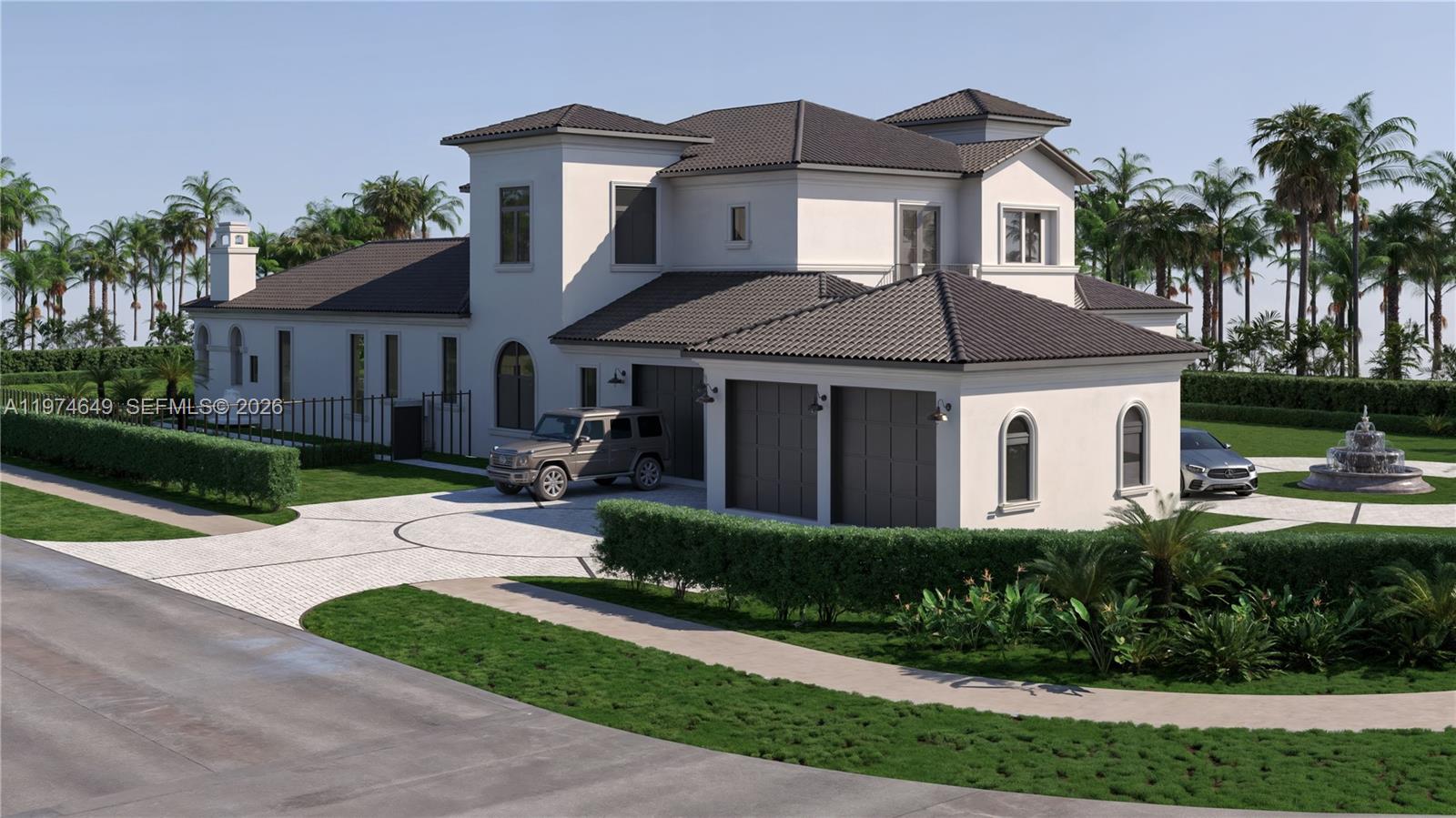 A two-story white stucco house with a tiled roof, arched windows, and a front fountain — 751 Ranch Rd, Weston FL 33326, WESTON, FL