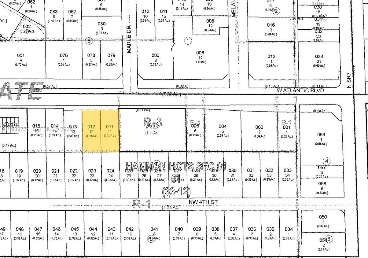 This image is a land survey map showing property parcels, lot numbers, and acreage — 6200 W Atlantic Blvd, Margate FL 33063, MARGATE, FL