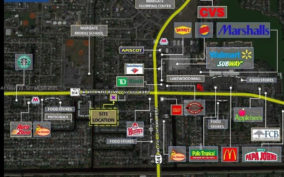 This map shows the location of a property surrounded by various nearby businesses and landmarks — 6200 W Atlantic Blvd, Margate FL 33063, MARGATE, FL