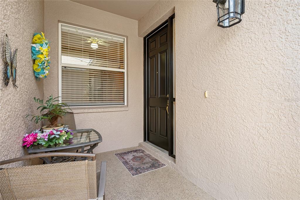 A small covered entryway features a dark front door, a window, and patio furniture — 7307 CLEOPATRA DRIVE, LAND O LAKES, FL