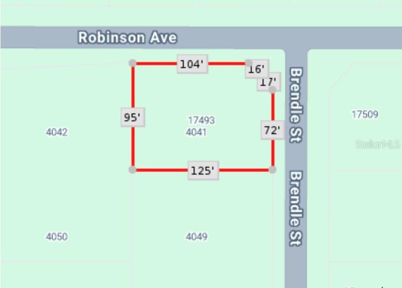 This map shows the property boundaries and dimensions of a corner lot — 17493 ROBINSON AVENUE, PORT CHARLOTTE, FL