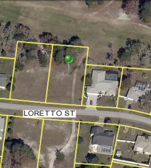 This aerial map shows a vacant residential lot located on a street with nearby houses — 0 Tbd Loretto Lot 4 Street, Spring Hill FL 34608, SPRING HILL, FL