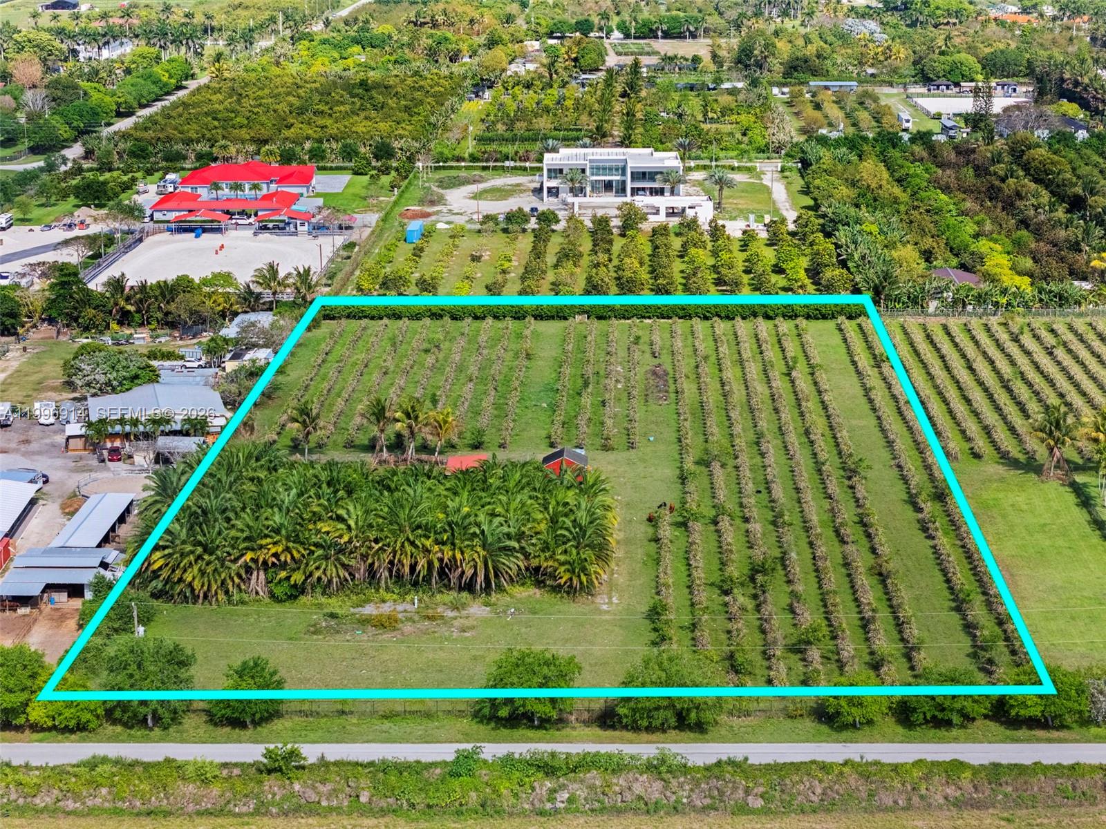 An aerial view shows a large rectangular plot of land featuring rows of crops — 14651 SW 187 Ave, Miami FL 33196, MIAMI, FL