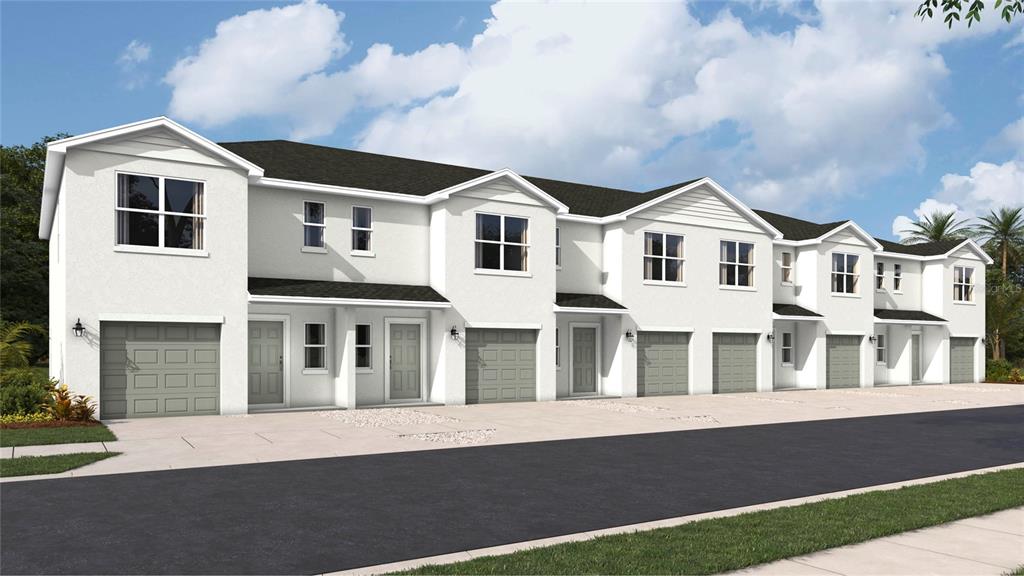 This is a digital rendering of a row of white townhouses with attached garages — 12700 IRIS BLOSSOM ROAD, SARASOTA, FL
