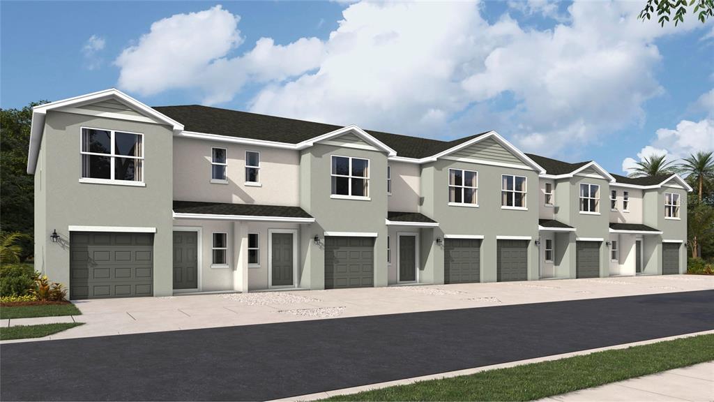 A digital rendering of a multi-unit townhouse complex with gray stucco siding and attached garages — 12700 IRIS BLOSSOM ROAD, SARASOTA, FL