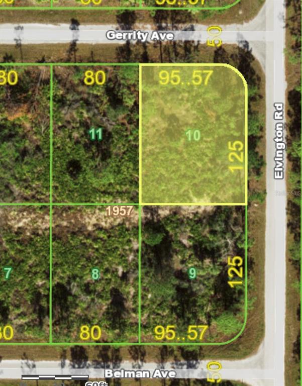 This is a map showing a highlighted corner lot with dimensions labeled in a residential area — 12231 GERRITY AVENUE, PORT CHARLOTTE, FL