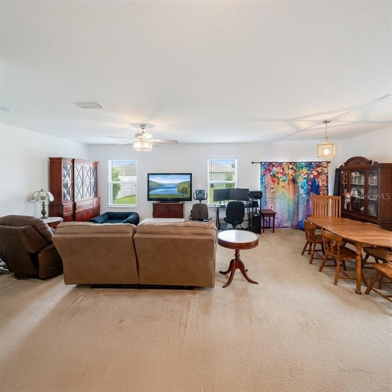 A spacious living and dining room with beige carpeting, a brown sofa, and wooden furniture — 10206 GOLDEN LIGHT COURT, RIVERVIEW, FL