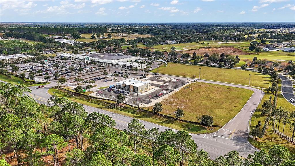 An aerial view shows a commercial shopping center with a parking lot and vacant land — 24430 STATE ROAD 44, SORRENTO, FL