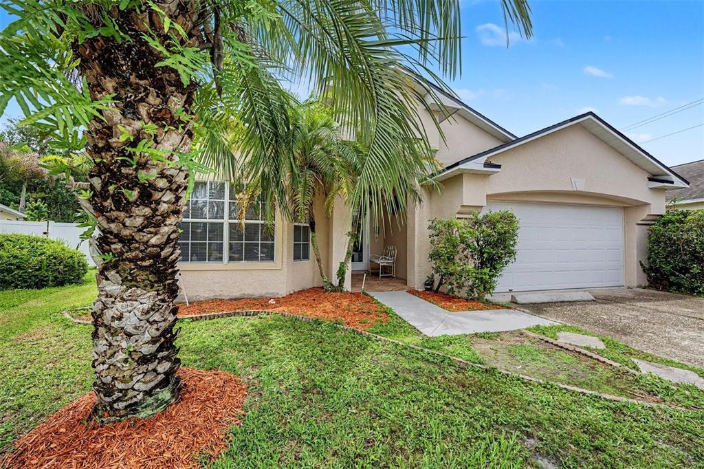 A tan house with a palm tree in the front yard and a two-car garage — 10238 CHARLESTON CORNER ROAD, TAMPA, FL