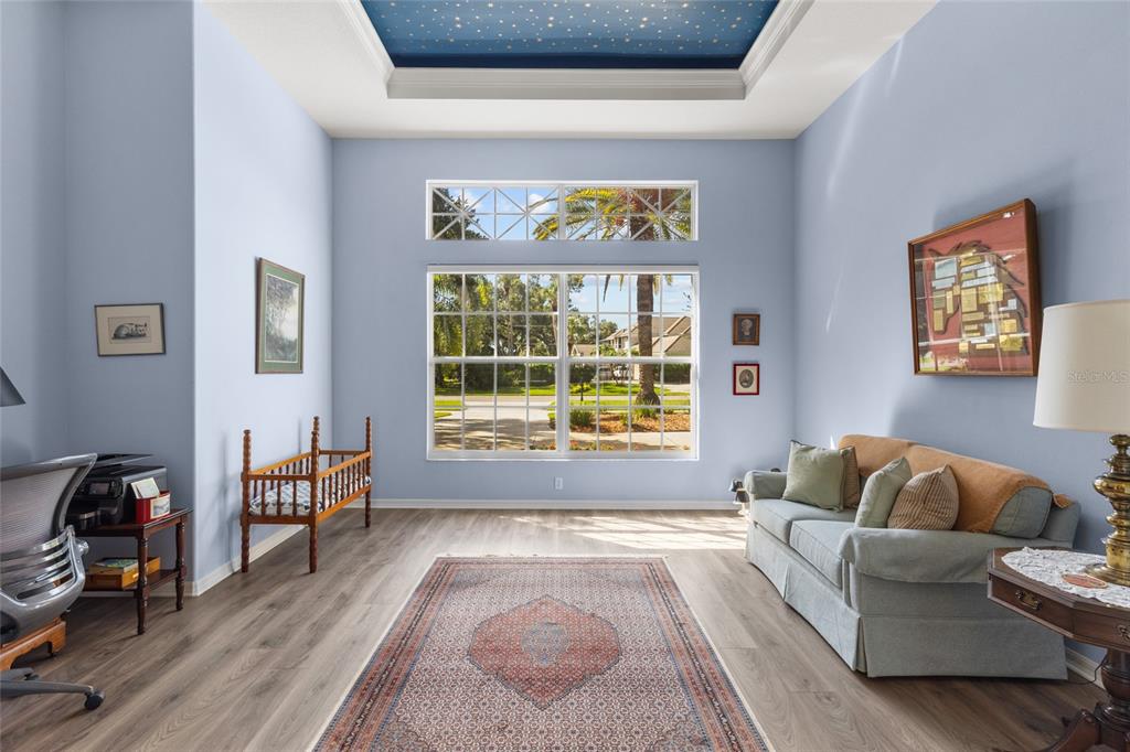 A living room with light blue walls, a star-patterned ceiling, and a large window — 2686 DICK WILSON DRIVE, SARASOTA, FL