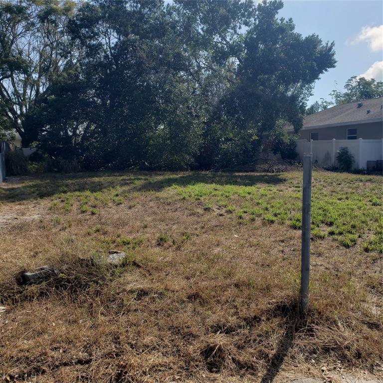 A vacant, grassy residential lot features a single metal post and mature trees in back — VIRGINIA AVENUE, TARPON SPRINGS, FL