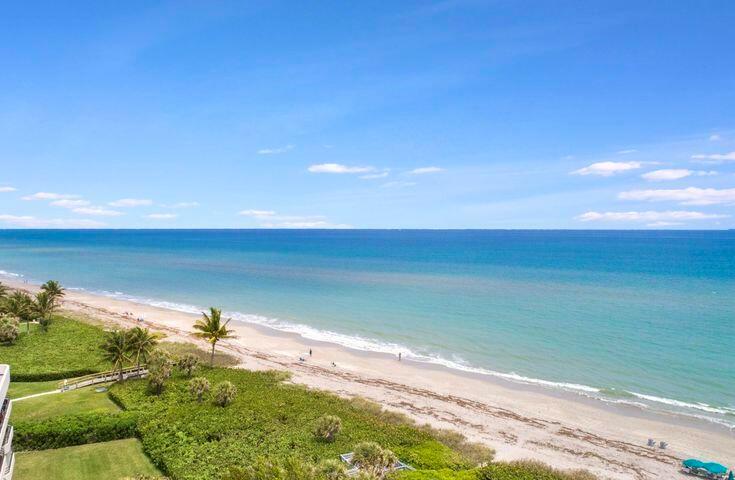 An elevated view of a sandy beach, palm trees, and the ocean under a blue sky — 420 Celestial Way Way # 206, Juno Beach FL 33408, JUNO BEACH, FL