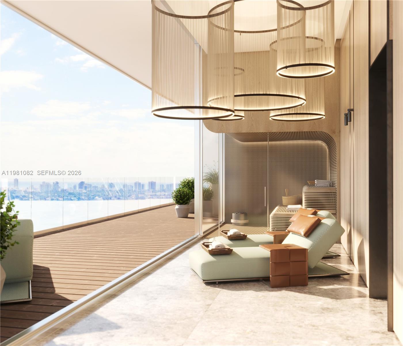 This rendering shows a modern spa room with lounge chairs, wood paneling, and a balcony — 7940 West Drive, Miami FL 33141, MIAMI, FL