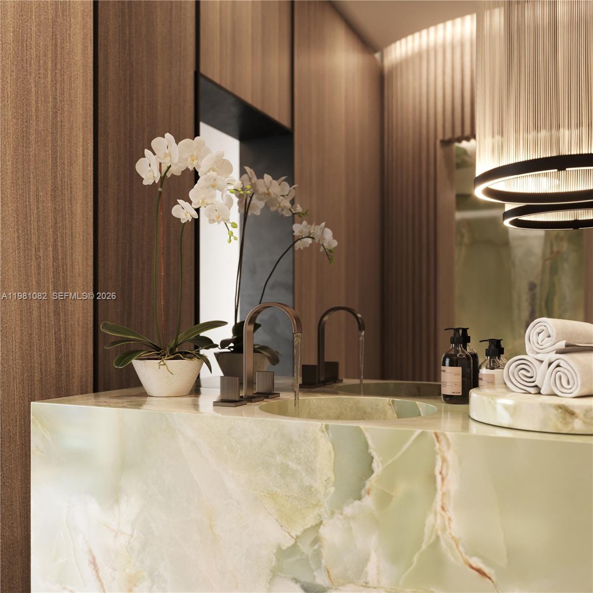 This is a rendering of a modern bathroom vanity featuring a green onyx countertop — 7940 West Drive, Miami FL 33141, MIAMI, FL