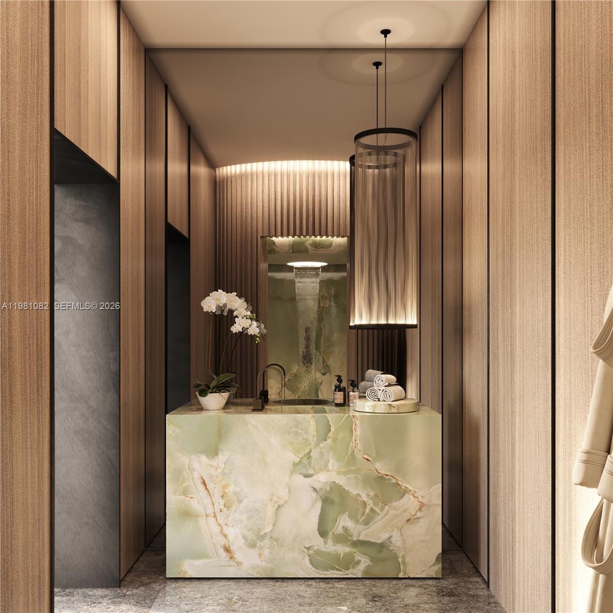 This rendering shows a modern bathroom featuring a green onyx vanity and wood-paneled walls — 7940 West Drive, Miami FL 33141, MIAMI, FL