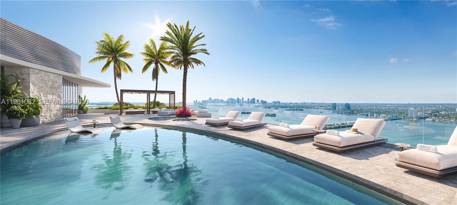 This is a rendering of a rooftop swimming pool with lounge chairs overlooking a city skyline — 7940 West Drive, Miami FL 33141, MIAMI, FL