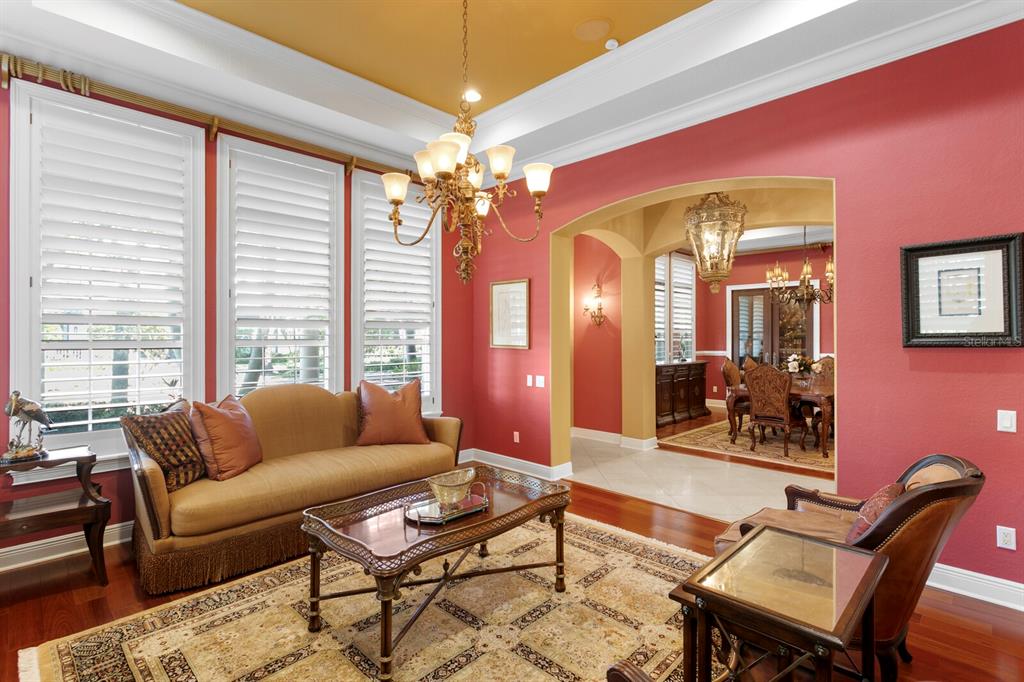 A living room with red walls, a gold ceiling, a chandelier, and a dining area beyond — 4912 YACHT CLUB DRIVE, TAMPA, FL