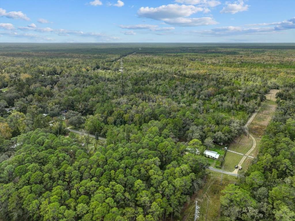 An aerial view shows a rural property surrounded by dense forest with a small house — 310 N OTTER CREEK AVENUE, BRONSON, FL