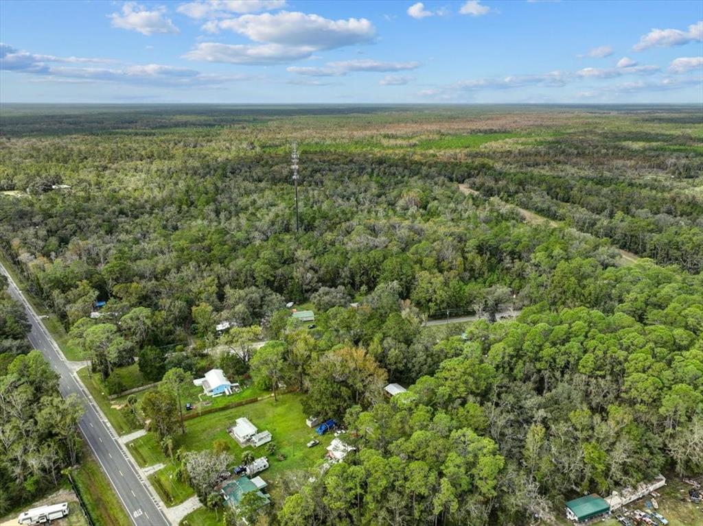 An aerial view shows a rural road bordering a wooded area with several small houses — 310 N OTTER CREEK AVENUE, BRONSON, FL
