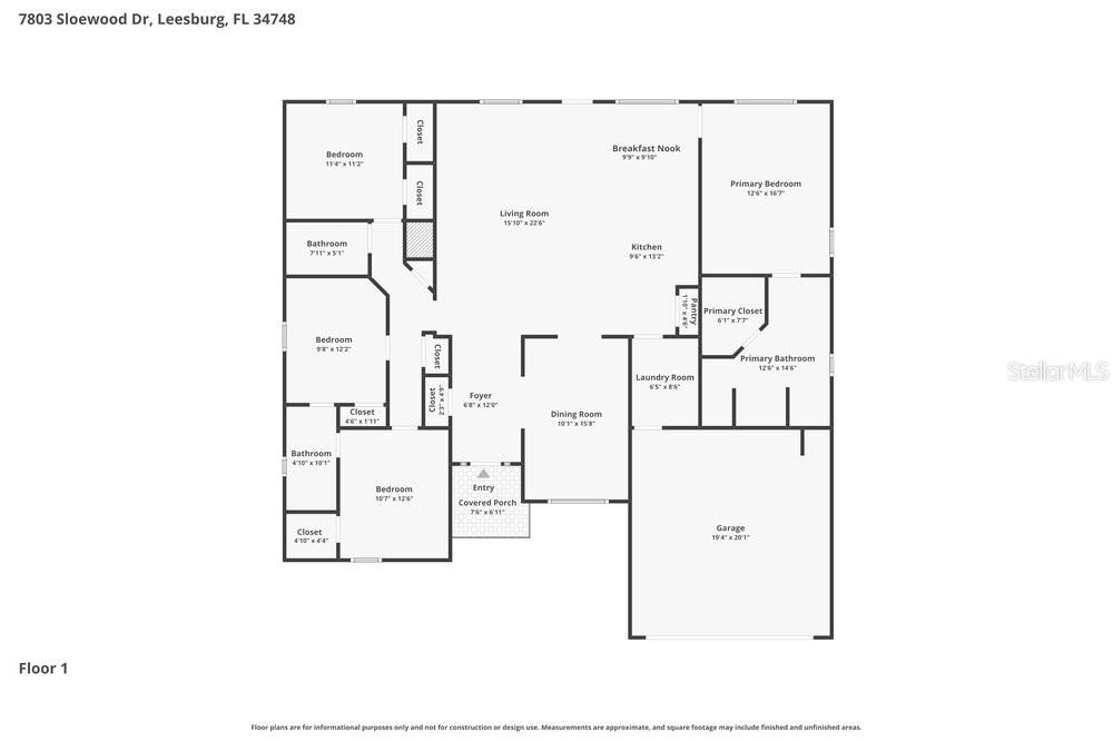 This is a floor plan showing the layout of a single-story residential home — 7803 SLOEWOOD DRIVE, LEESBURG, FL