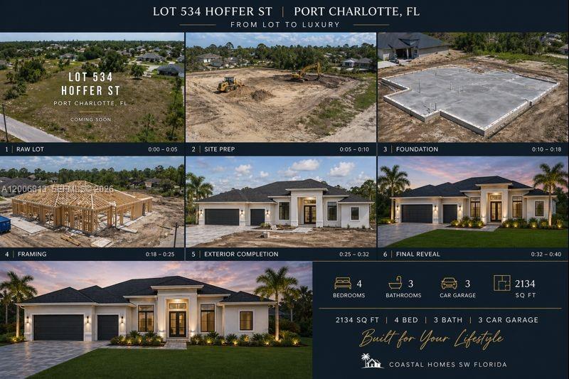 This image shows a collage of construction progress photos and a final rendering of a house — 534 Hoffer, Port Charlotte FL 33953, PORT CHARLOTTE, FL