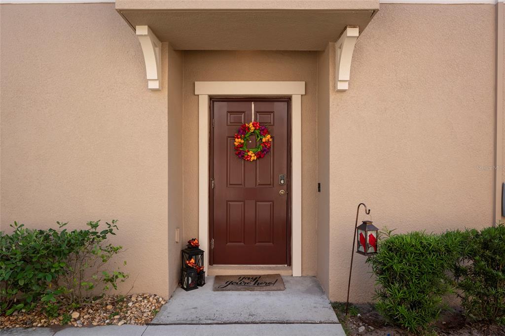 A brown front door with a wreath is centered under a small porch overhang — 11704 CASTINE STREET, NEW PORT RICHEY, FL