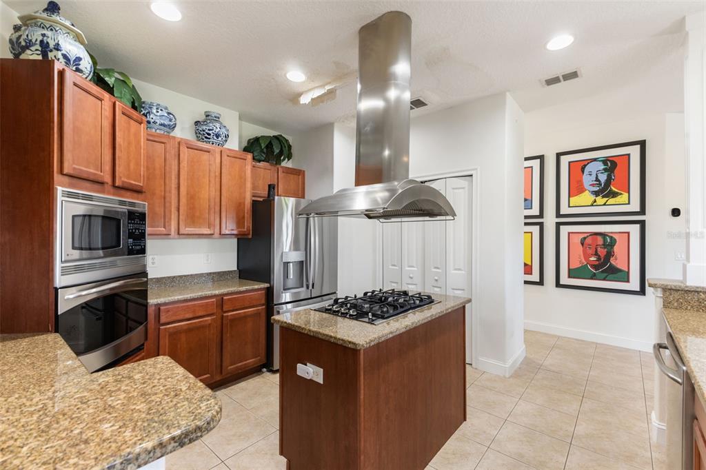 A kitchen features wood cabinets, granite countertops, a central island with a cooktop, and artwork — 4533 HERON LODGE, NEW PORT RICHEY, FL