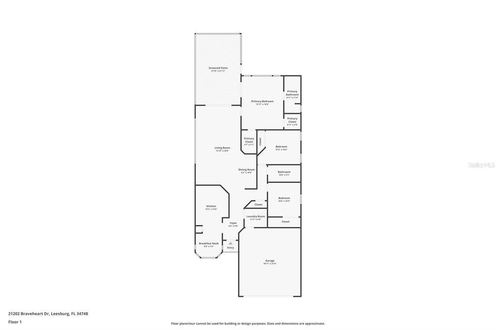This is a floor plan for a single-story house with a garage and screened patio — 21202 BRAVEHEART DRIVE, LEESBURG, FL