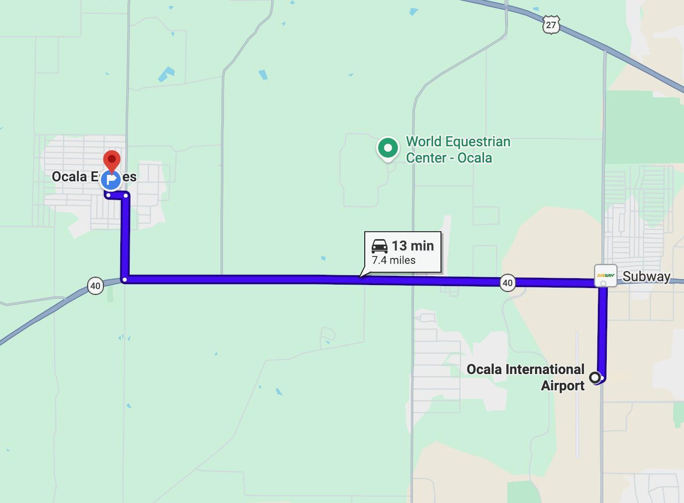 This map shows a driving route between Ocala Estates, the World Equestrian Center, and the airport — Lot 29 NW 112th Avenue, Ocala FL 34482, OCALA, FL