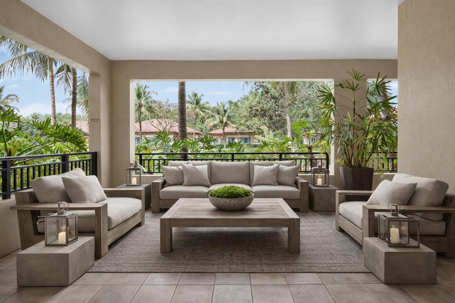 A covered outdoor patio features a wooden sofa set, a coffee table, and tropical landscaping — 16135 Emerald Estates Drive # 164, Weston FL 33331, WESTON, FL