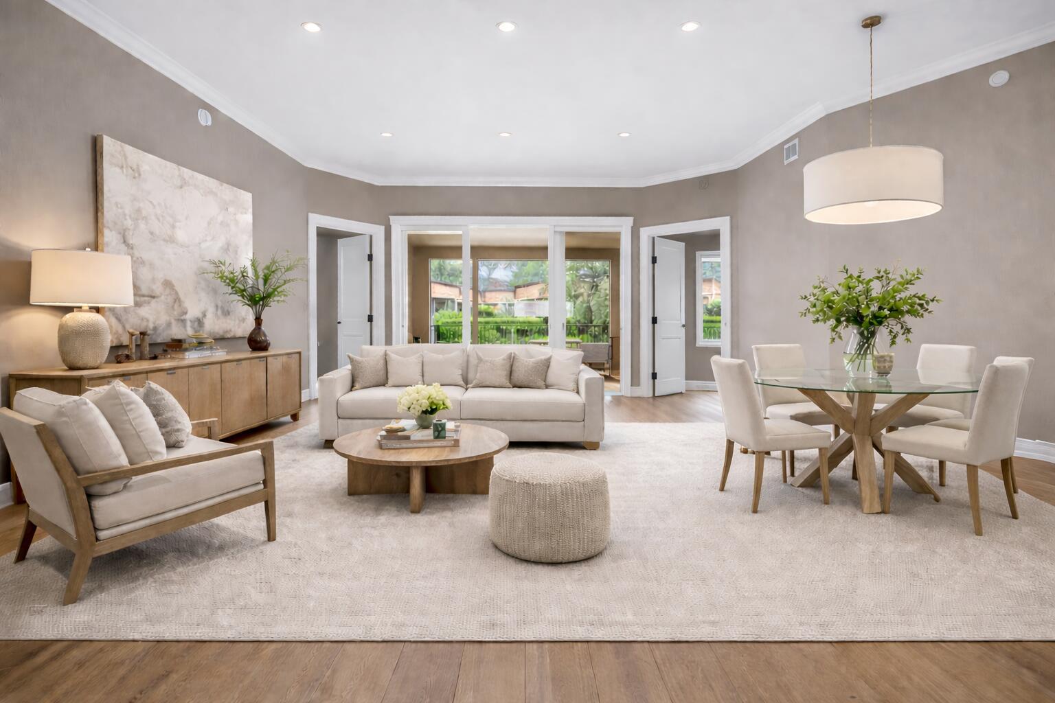 A living and dining room with neutral walls, light furniture, and a large area rug — 16135 Emerald Estates Drive # 164, Weston FL 33331, WESTON, FL