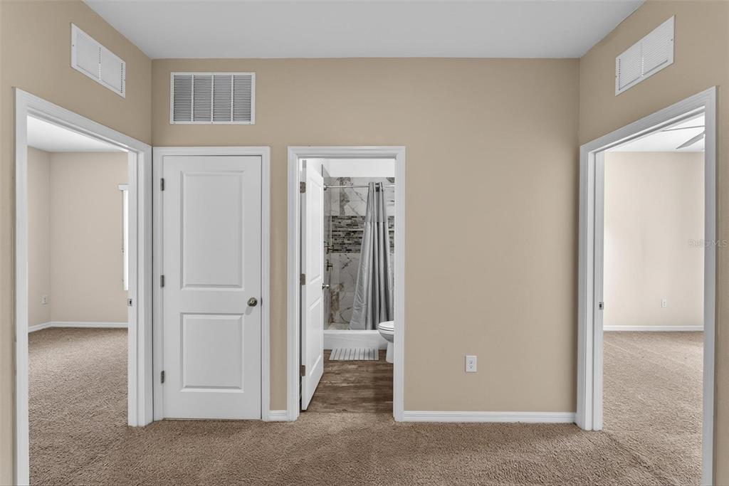 A carpeted hallway features two doorways, a central bathroom entrance, and beige walls — 2854 NEVERLAND DRIVE, NEW SMYRNA BEACH, FL