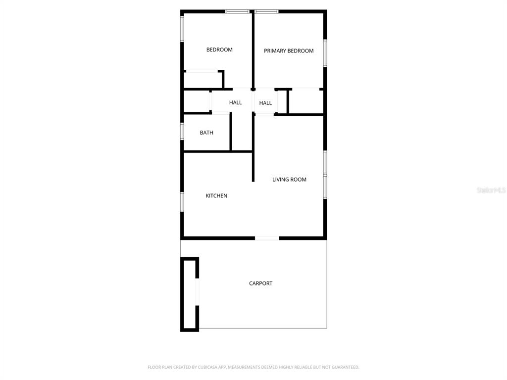 This is a floor plan showing a two-bedroom home with a kitchen, bath, and carport — 437 LOCKHART STREET, DAYTONA BEACH, FL
