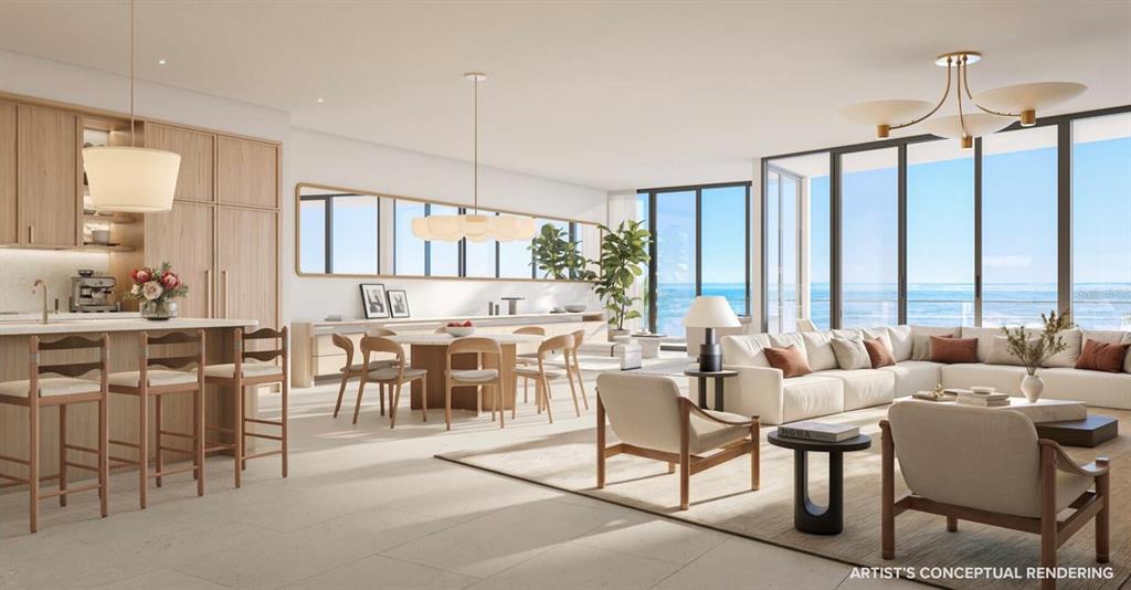 This artist's conceptual rendering shows an open-concept living area with light wood cabinetry and ocean views — 197 AVENUE DE LA MER UNIT 505, PALM COAST, FL