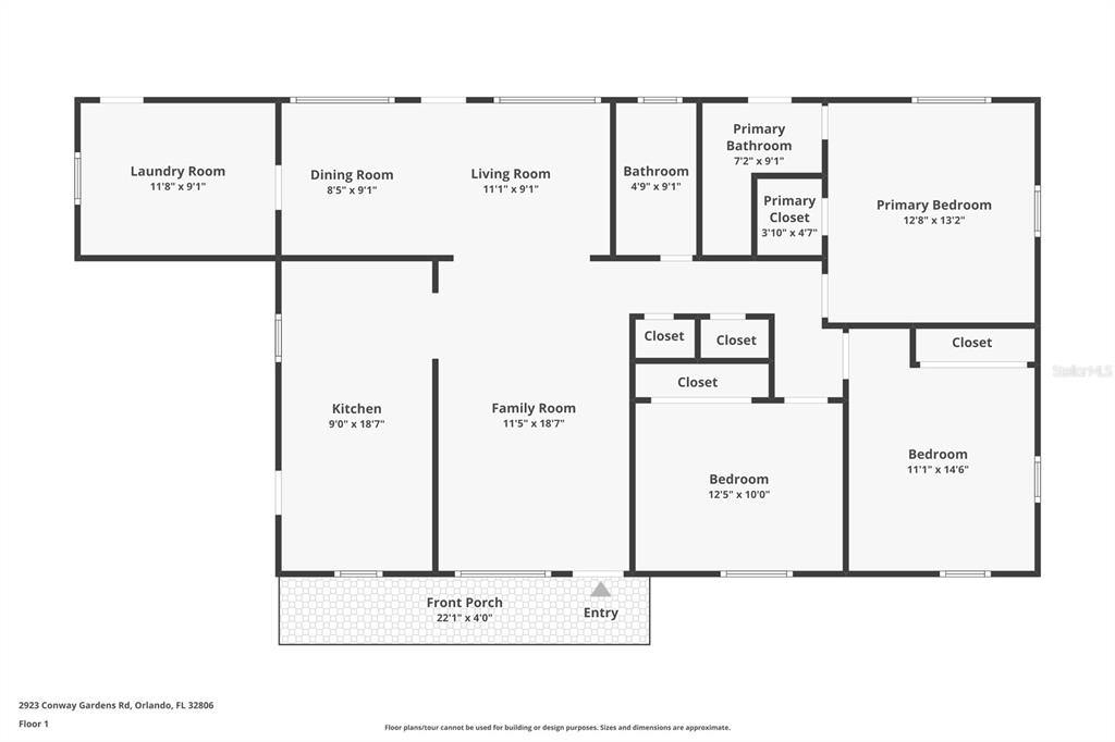This is a floor plan for a single-story residential home with three bedrooms — 2923 CONWAY GARDENS ROAD, ORLANDO, FL