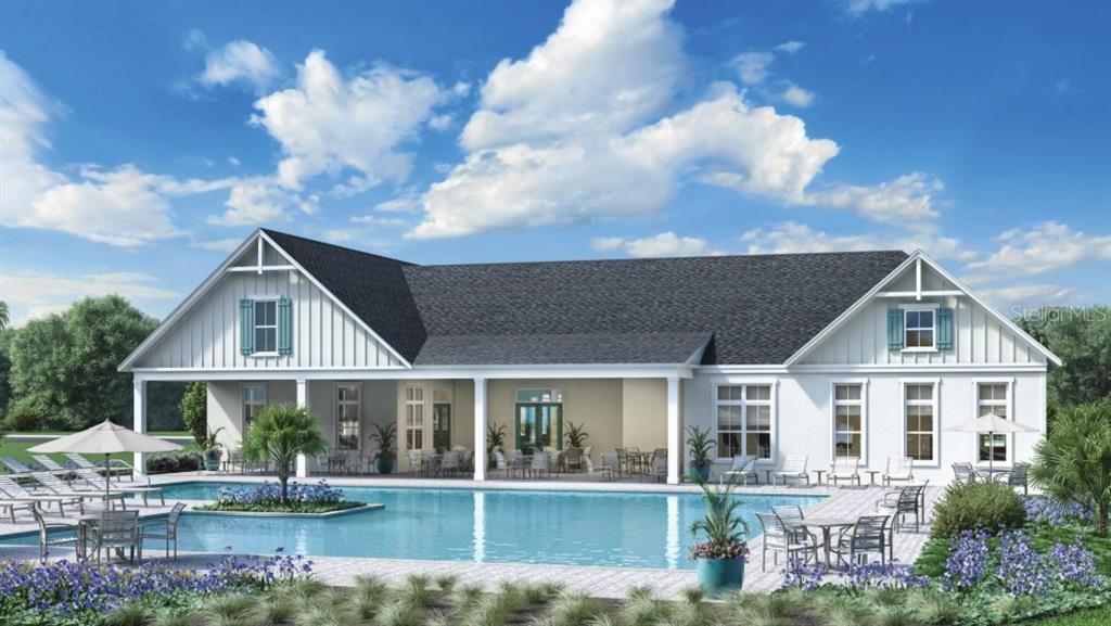 This architectural rendering shows a white farmhouse-style building with a large swimming pool in front — 12808 SUNSET WALK DRIVE, WINTER GARDEN, FL