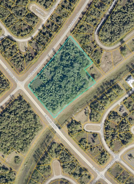 An aerial map view shows a vacant, wooded lot outlined in blue near a road intersection — N YORKSHIRE STREET, NORTH PORT, FL