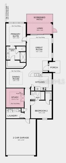 This is a floor plan for a single-story home with two bedrooms, a study, and garage — 7456 MOONBEAM AVENUE, SARASOTA, FL
