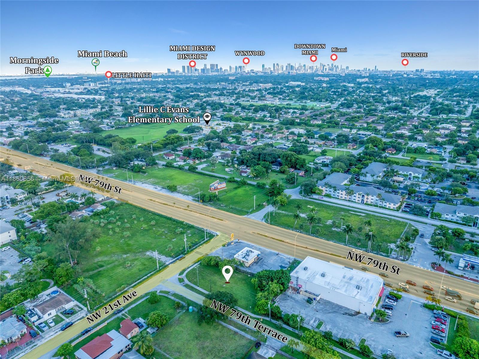 This is an aerial map view showing a vacant corner lot near a major intersection — 21 ave, Miami FL 33147, MIAMI, FL